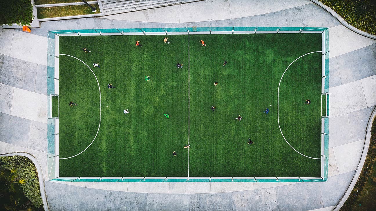 Birds-eye view of a football pitch